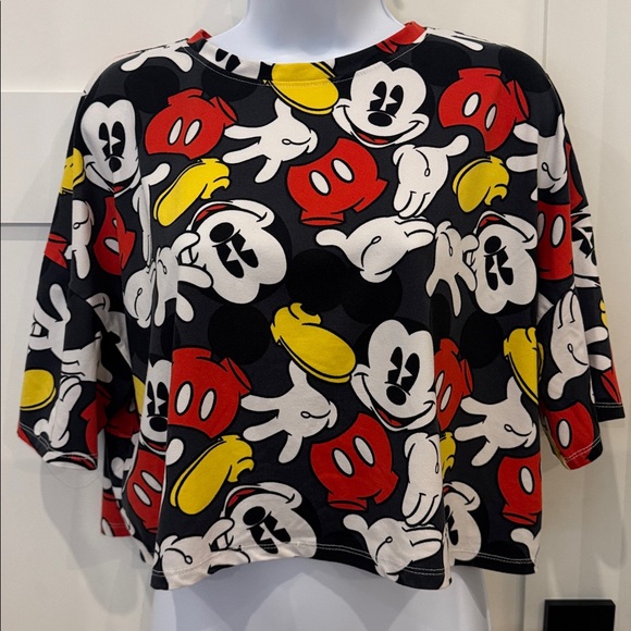 Disney Black Cropped Tee with Red, Yellow & White Mickey Print - Picture 2 of 7